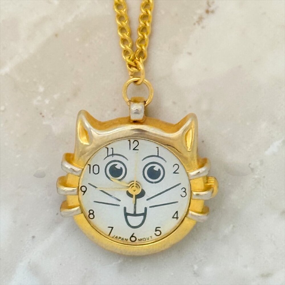 Cat Face Quartz Watch Necklace Japan Movement Gold & Silver Tone New Battery
